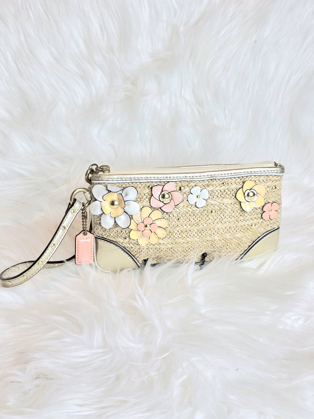 Coach Hamptons LE 2pcs Straw Flower Tote & Wristlet Set Coral Appliqué Floral - Picture 12 of 15